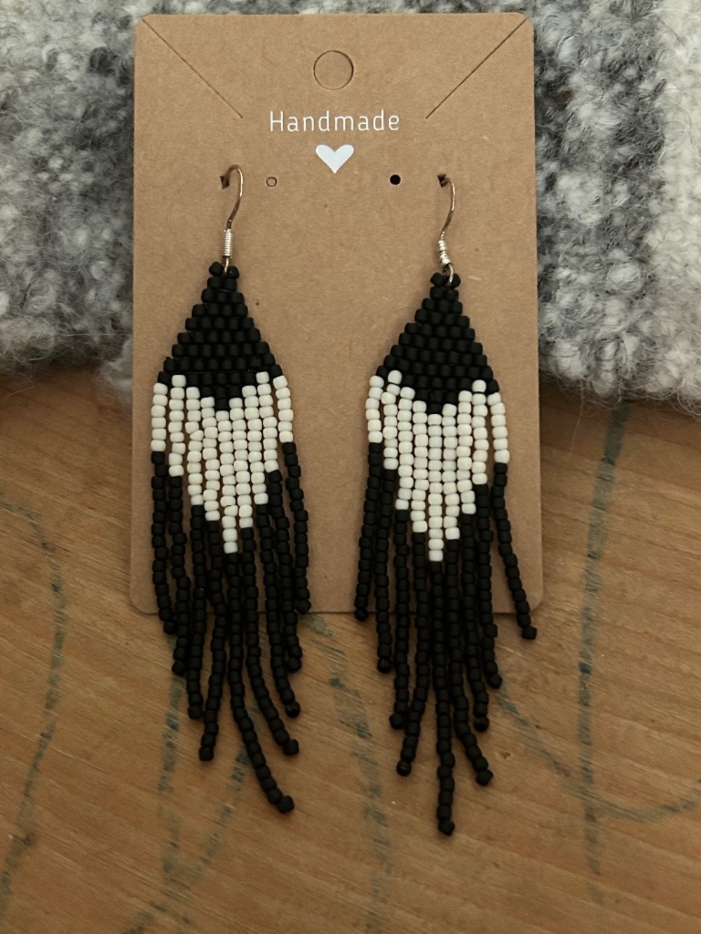 {Cream Heart on Black} Handmade Beaded Glass Earrings on Sterling Silver